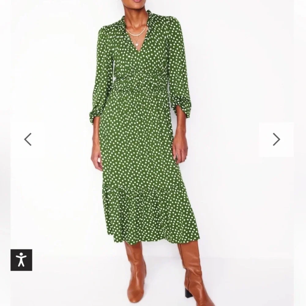Boden Rosamund‎ Jersey Midi Tea Dress Green Polka Dot 2P